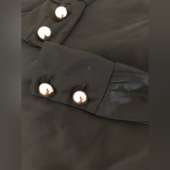 Black satin formal maxi dress with gold buttons and tiered bottom. - Picture 4 of 7